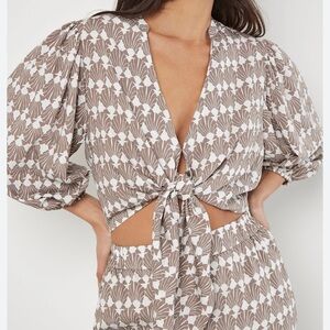 Brown and White Floral Tie-Front Top